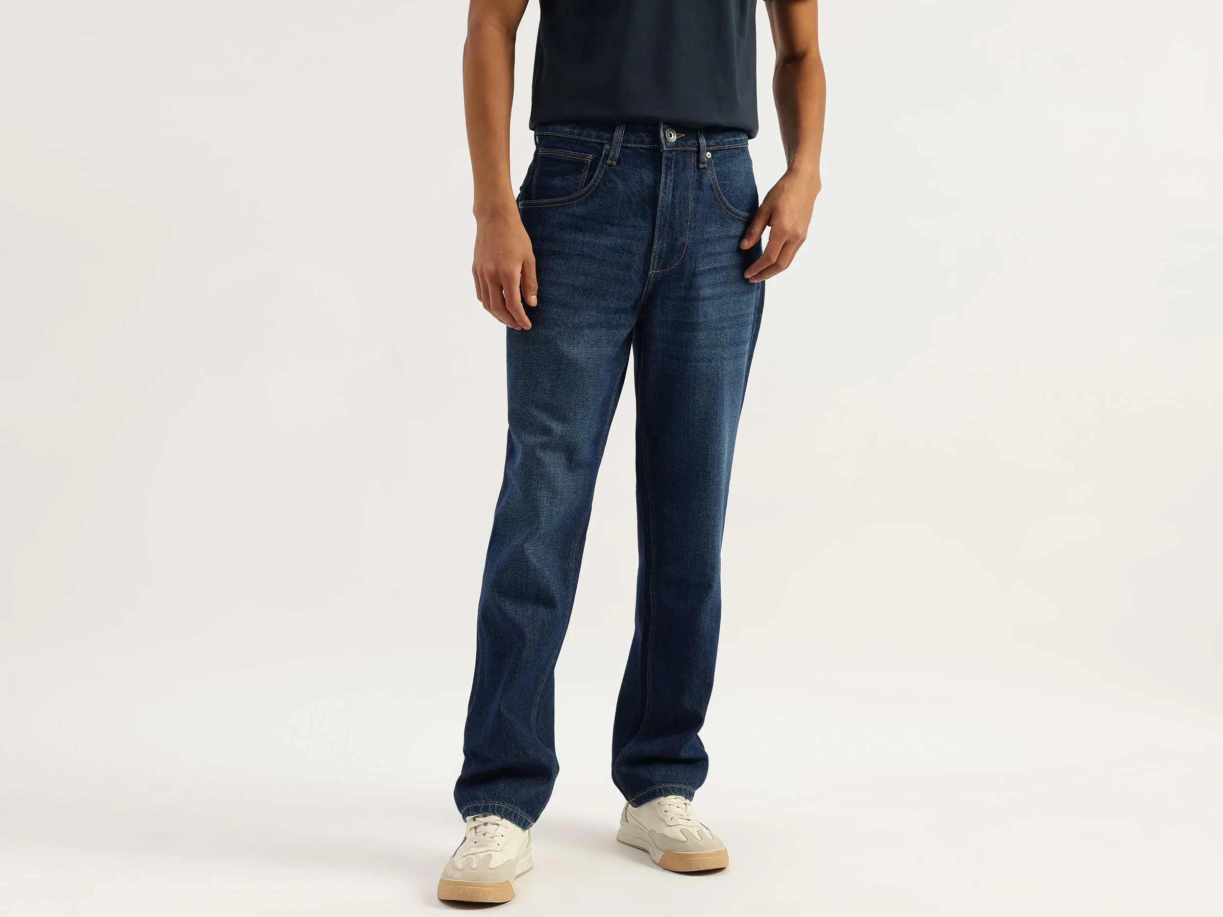 Solid Baggy Fit Mid Wash Jeans