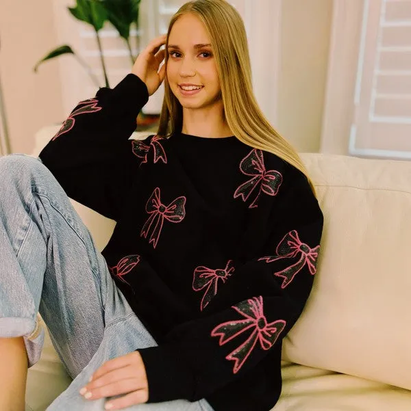 Sparkly Bow Patch Sweatshirt – Oversized Glitter Pullover with Cute Bow Accents