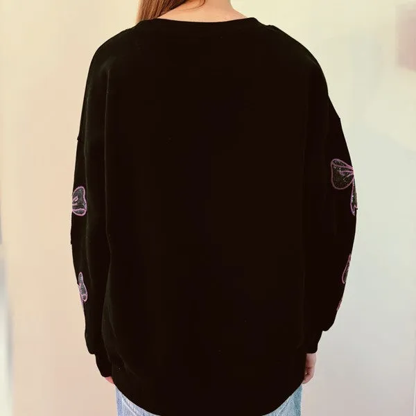 Sparkly Bow Patch Sweatshirt – Oversized Glitter Pullover with Cute Bow Accents