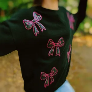 Sparkly Bow Patch Sweatshirt – Oversized Glitter Pullover with Cute Bow Accents