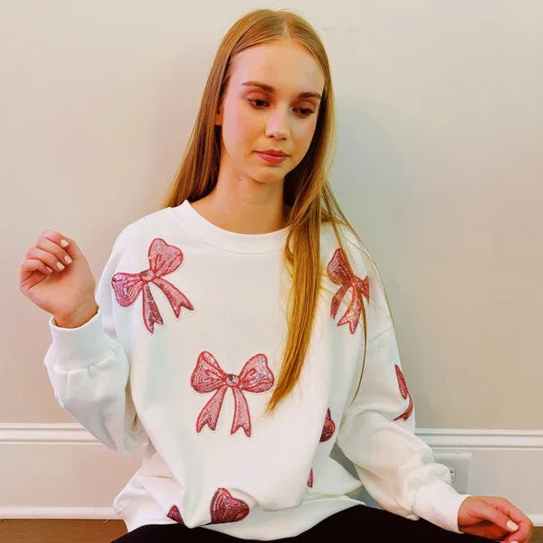 Sparkly Bow Patch Sweatshirt – Oversized Glitter Pullover with Cute Bow Accents