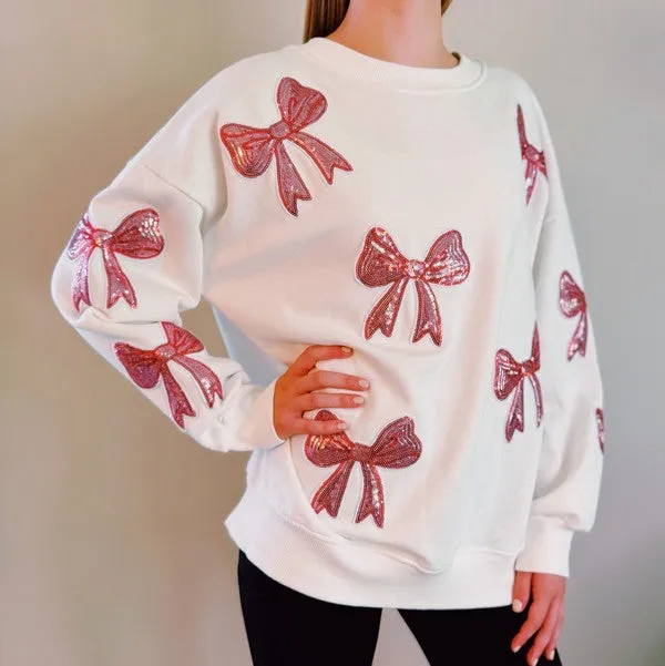 Sparkly Bow Patch Sweatshirt – Oversized Glitter Pullover with Cute Bow Accents