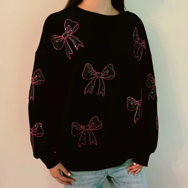 Sparkly Bow Patch Sweatshirt – Oversized Glitter Pullover with Cute Bow Accents