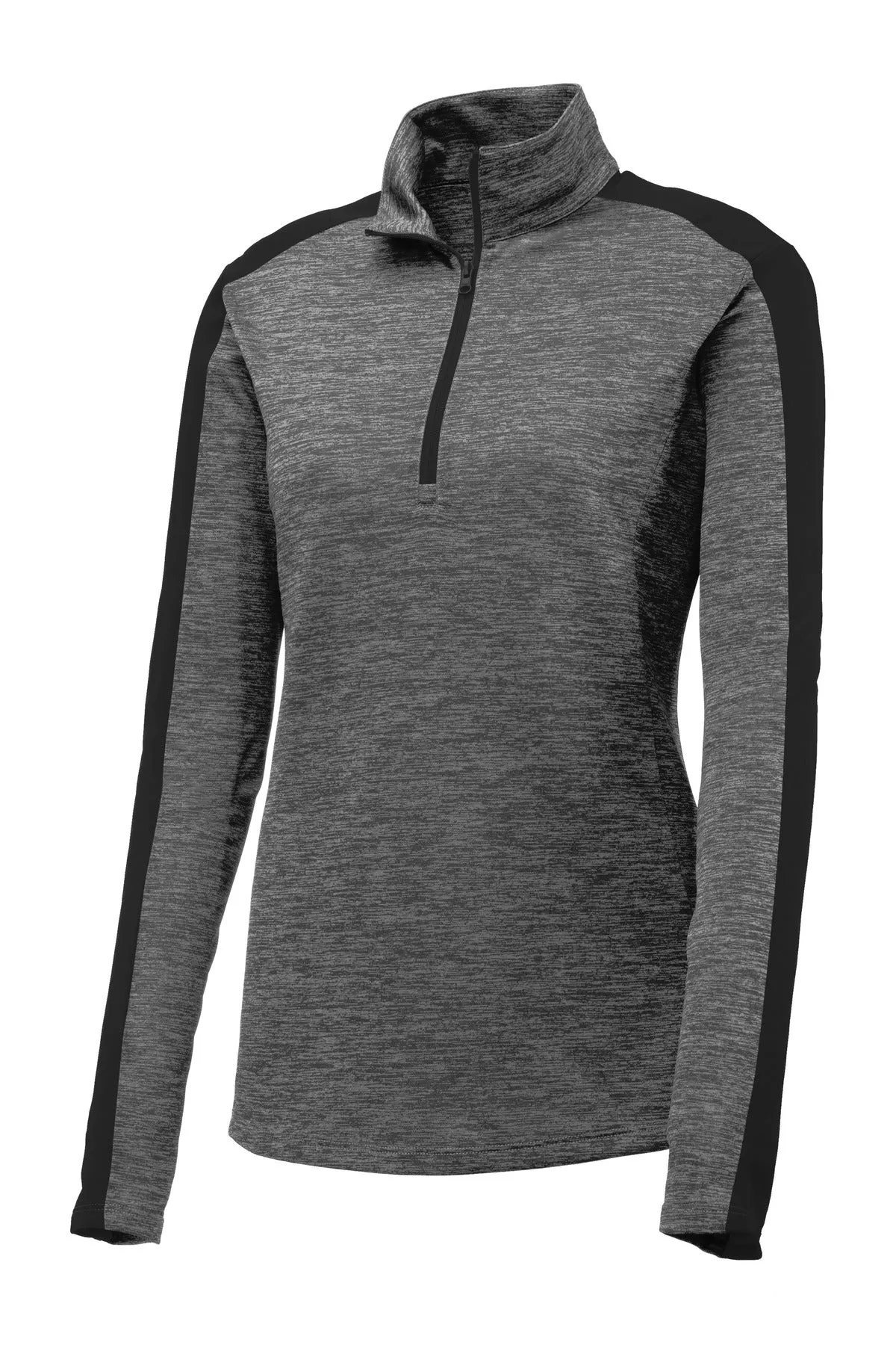 Sport-Tek Women's PosiCharge Electric Heather Colorblock 1/4-Zip Pullover. LST397 Grey-Black Electric/ Black