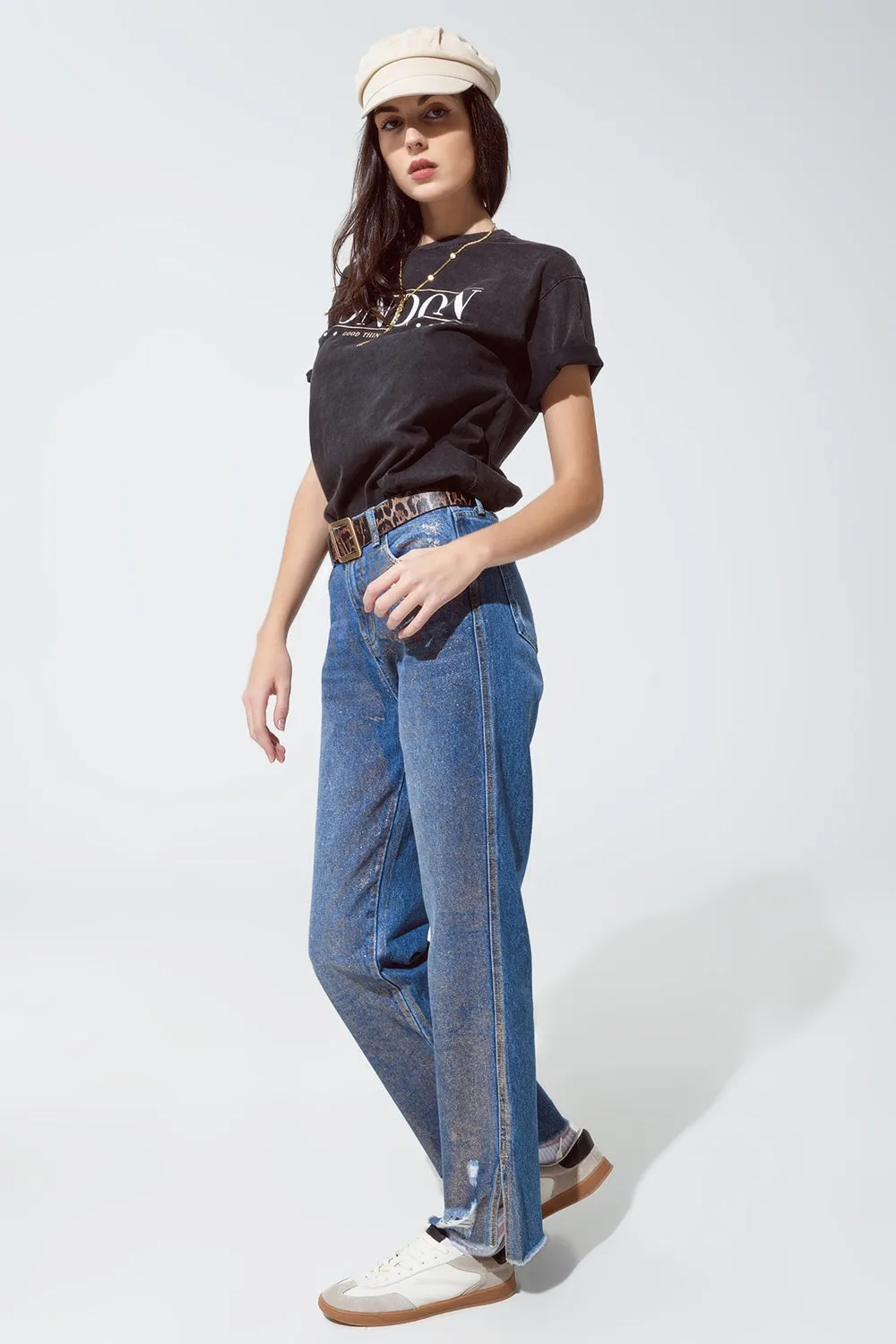 Straight leg ripped jeans with gold metallic glow