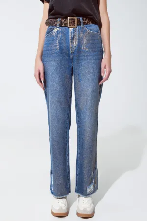 Straight leg ripped jeans with gold metallic glow