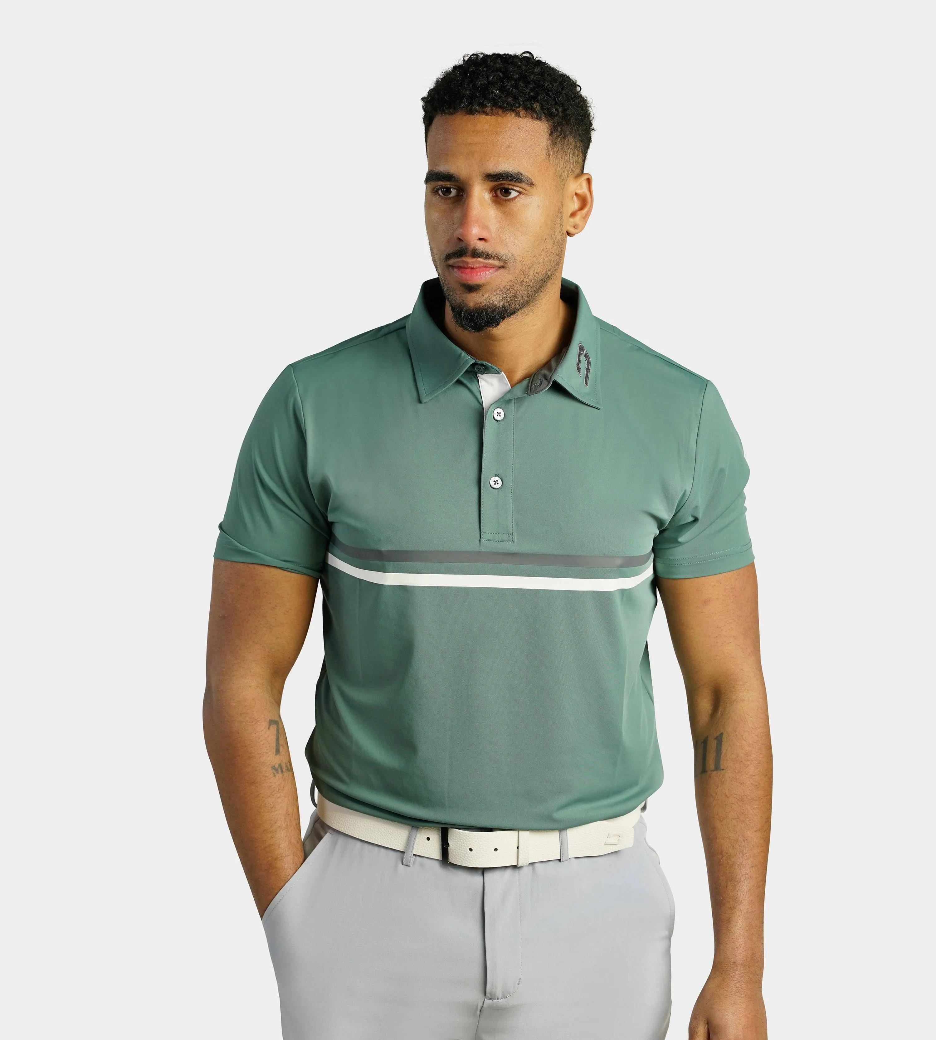 STRIPE PERFORMANCE POLO - SAGE/CHARCOAL