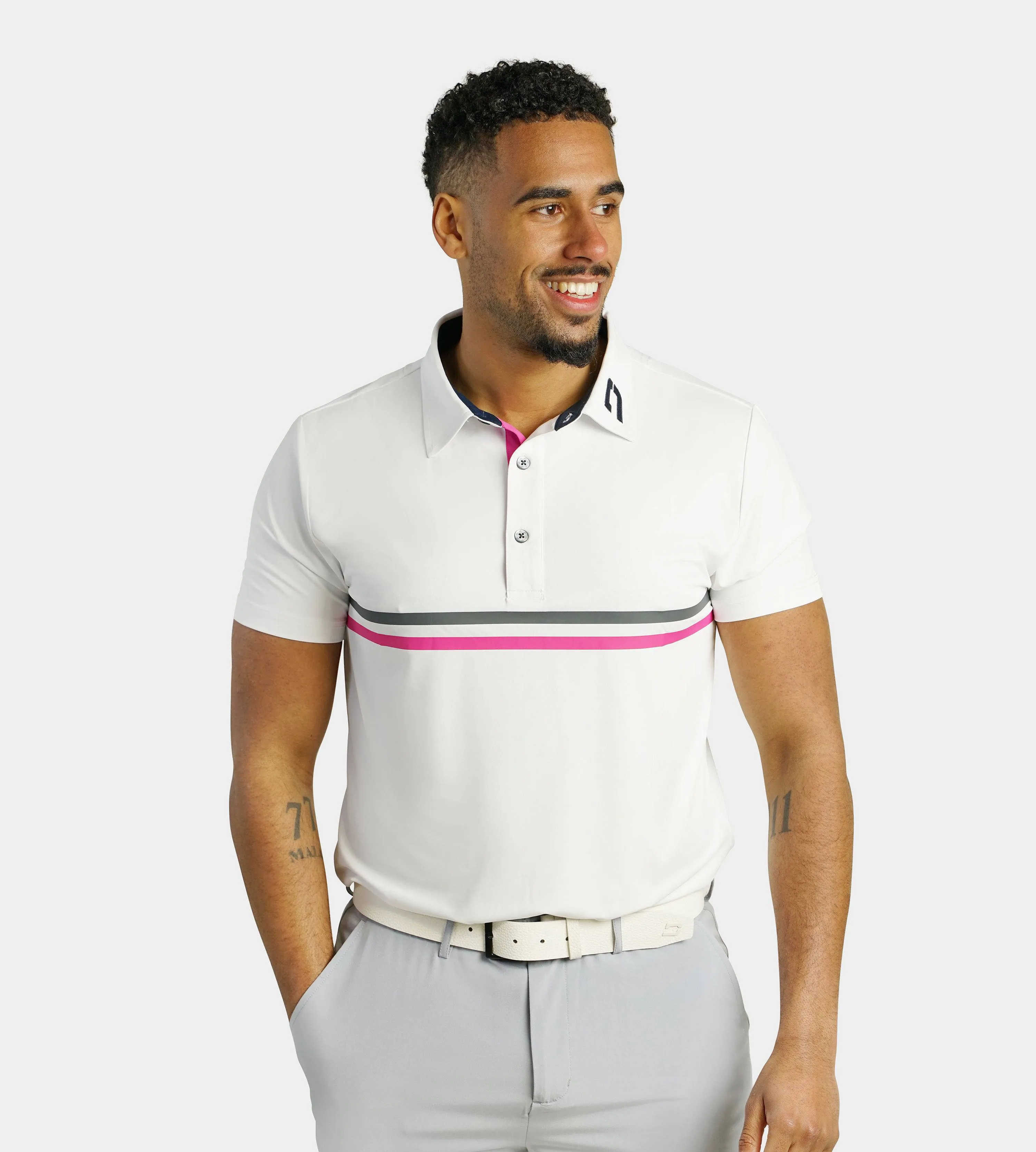 STRIPE PERFORMANCE POLO - WHITE/NAVY