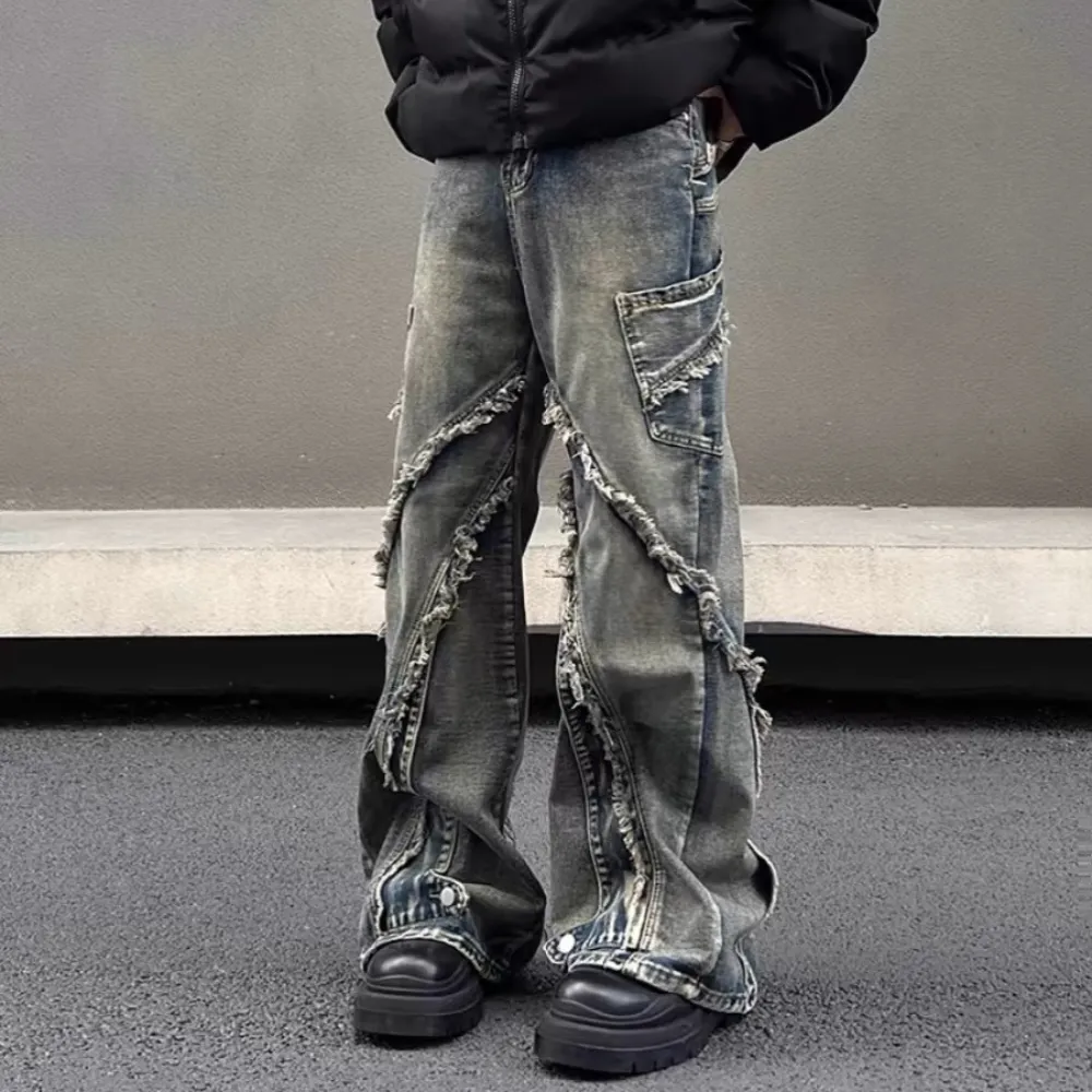 Washed Side Pocket Raw Edge Baggy Jeans