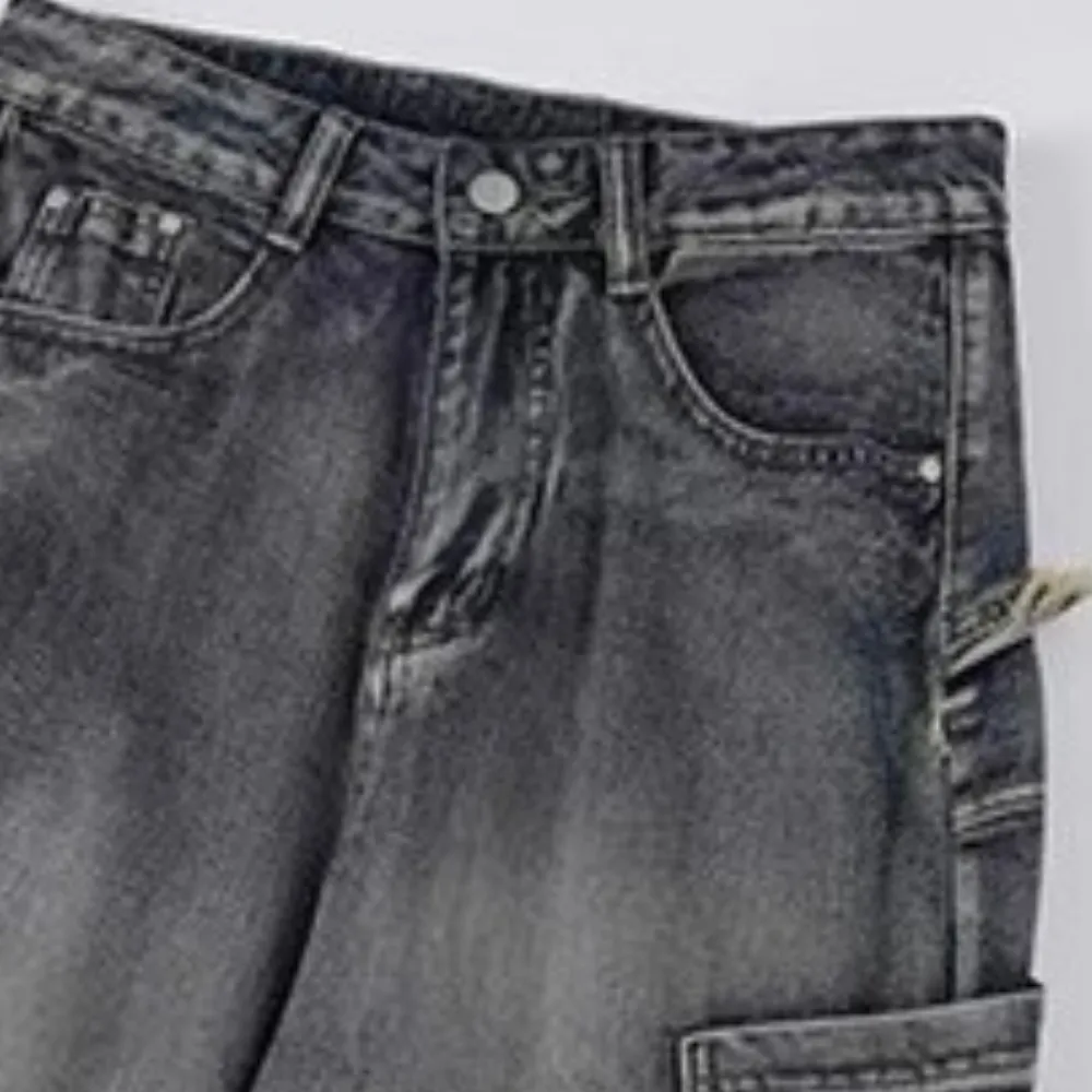 Washed Side Pocket Raw Edge Baggy Jeans