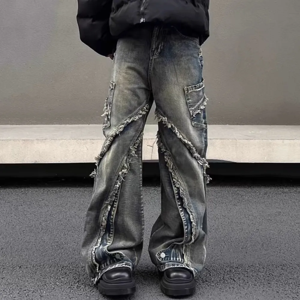 Washed Side Pocket Raw Edge Baggy Jeans
