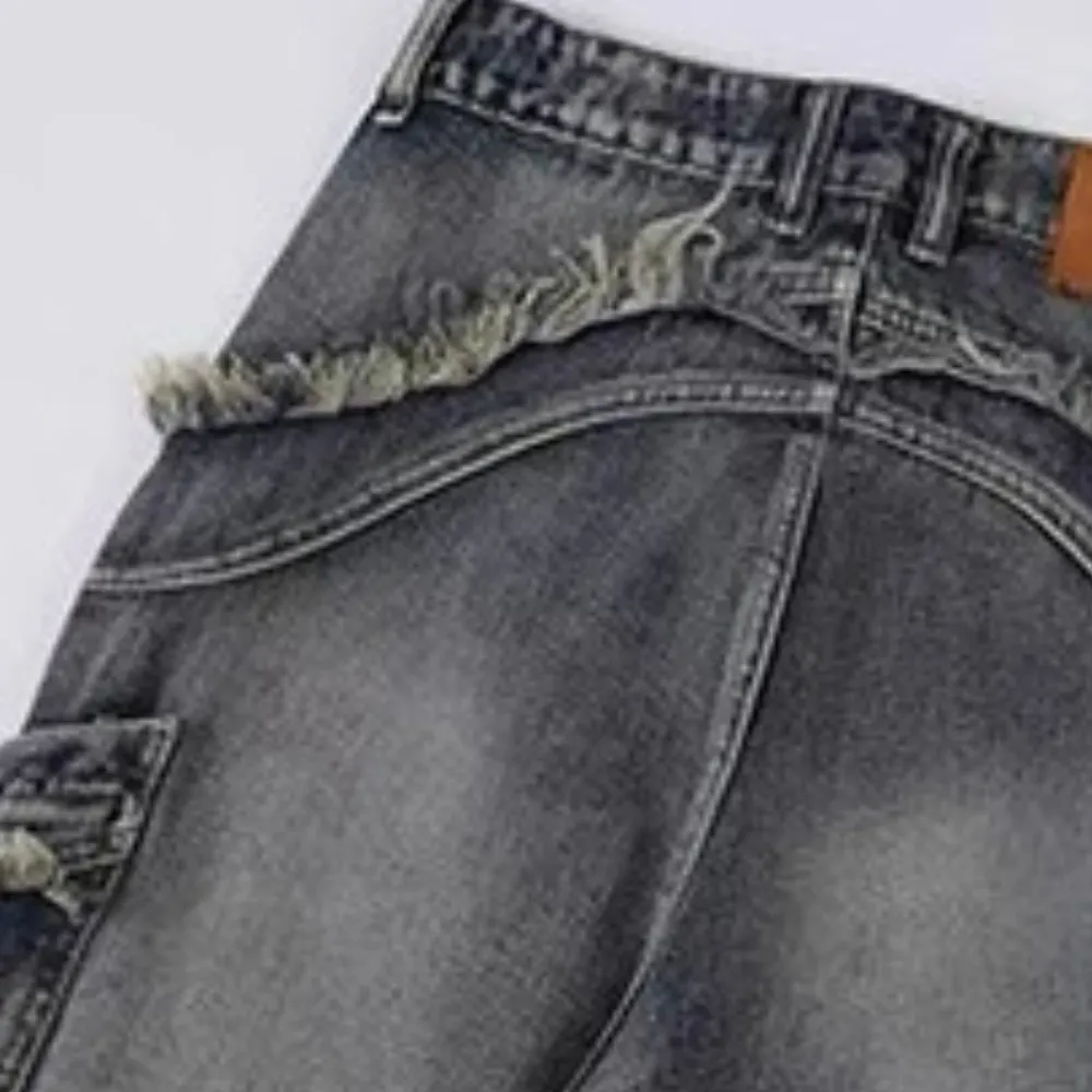 Washed Side Pocket Raw Edge Baggy Jeans