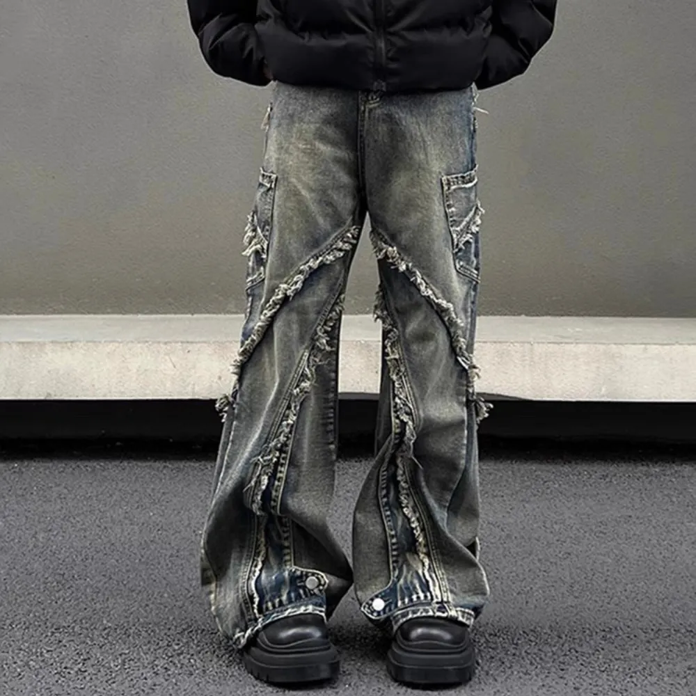 Washed Side Pocket Raw Edge Baggy Jeans
