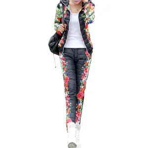 Winter Jacket Women Casual Flower Printed Hooded Warm Thickening Parka (Coat Pants Sets ) WAT270