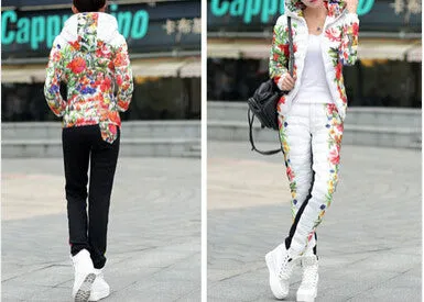 Winter Jacket Women Casual Flower Printed Hooded Warm Thickening Parka (Coat Pants Sets ) WAT270