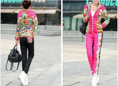 Winter Jacket Women Casual Flower Printed Hooded Warm Thickening Parka (Coat Pants Sets ) WAT270