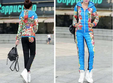 Winter Jacket Women Casual Flower Printed Hooded Warm Thickening Parka (Coat Pants Sets ) WAT270
