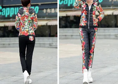 Winter Jacket Women Casual Flower Printed Hooded Warm Thickening Parka (Coat Pants Sets ) WAT270