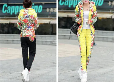Winter Jacket Women Casual Flower Printed Hooded Warm Thickening Parka (Coat Pants Sets ) WAT270