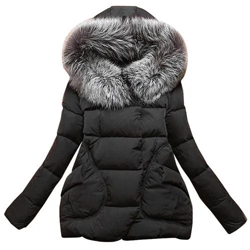 Winter Women Jackets Cotton Full Sleeve Covered button with pocketswomen Hat with Feathers Ultra Light Down Jacket A023