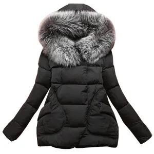 Winter Women Jackets Cotton Full Sleeve Covered button with pocketswomen Hat with Feathers Ultra Light Down Jacket A023
