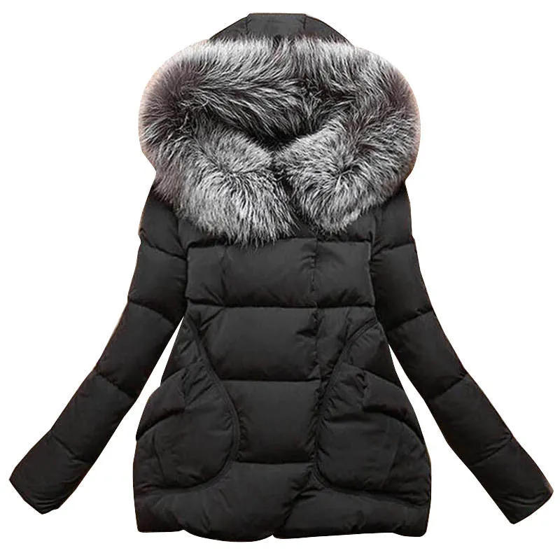Winter Women Jackets Cotton Full Sleeve Covered button with pocketswomen Hat with Feathers Ultra Light Down Jacket A023