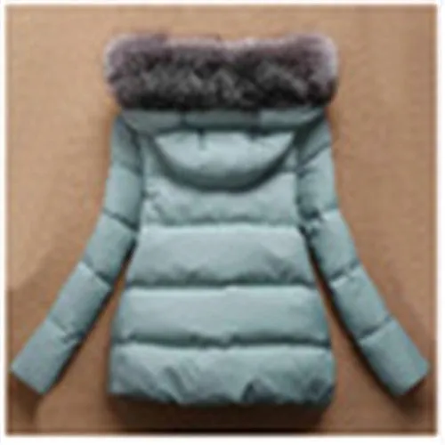 Winter Women Jackets Cotton Full Sleeve Covered button with pocketswomen Hat with Feathers Ultra Light Down Jacket A023