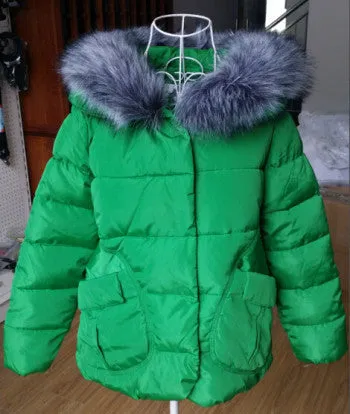 Winter Women Jackets Cotton Full Sleeve Covered button with pocketswomen Hat with Feathers Ultra Light Down Jacket A023
