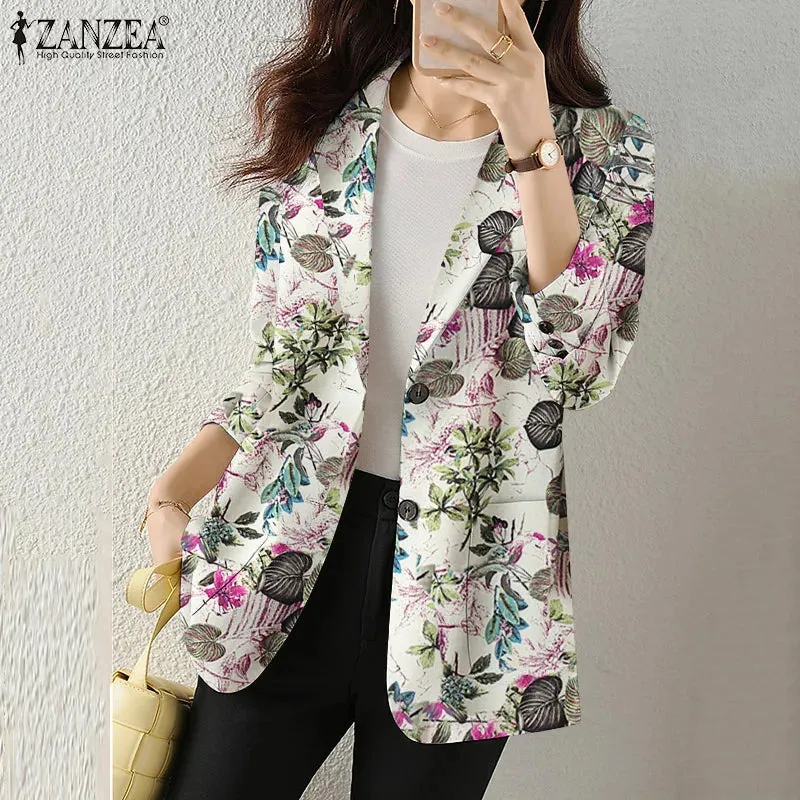 Women Autumn Blazer Retro Printed Coats Casual Long Sleeve Floral Outerwear ZANZEA Female Single Button Lapel Jackets Oversize