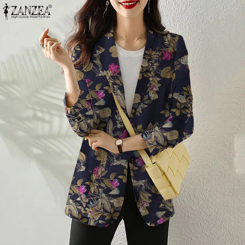 Women Autumn Blazer Retro Printed Coats Casual Long Sleeve Floral Outerwear ZANZEA Female Single Button Lapel Jackets Oversize