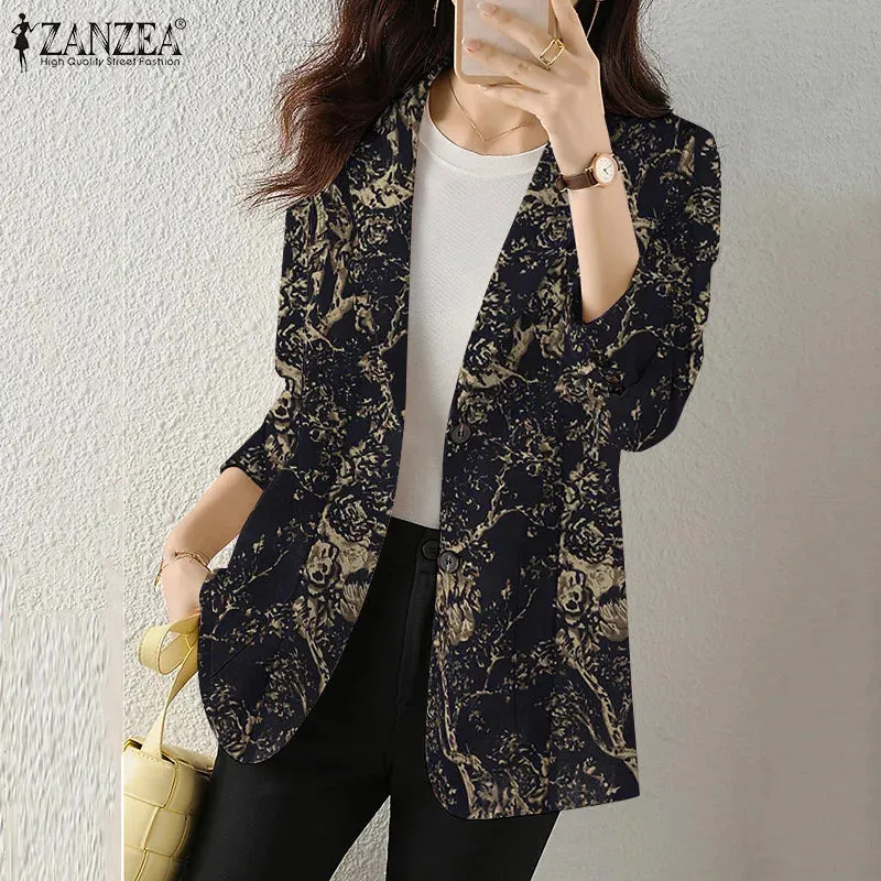 Women Autumn Blazer Retro Printed Coats Casual Long Sleeve Floral Outerwear ZANZEA Female Single Button Lapel Jackets Oversize