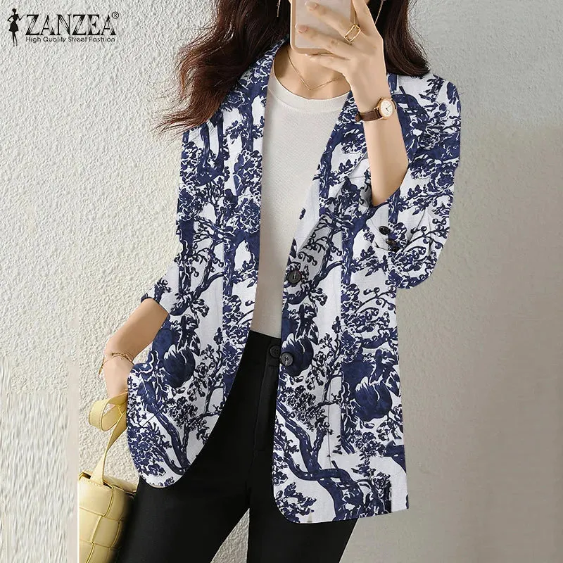 Women Autumn Blazer Retro Printed Coats Casual Long Sleeve Floral Outerwear ZANZEA Female Single Button Lapel Jackets Oversize