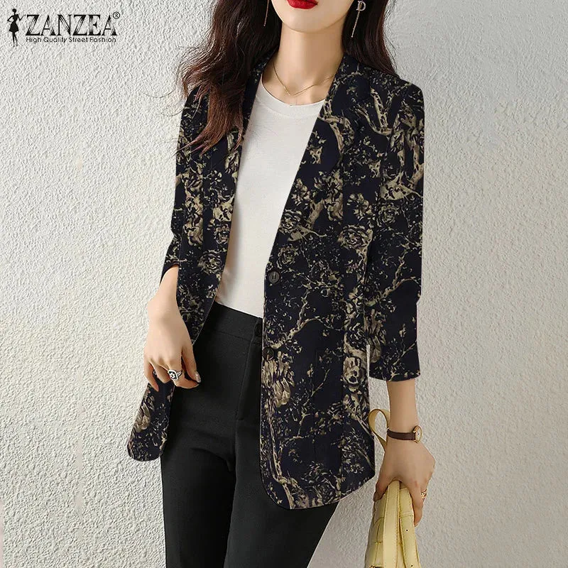 Women Autumn Blazer Retro Printed Coats Casual Long Sleeve Floral Outerwear ZANZEA Female Single Button Lapel Jackets Oversize