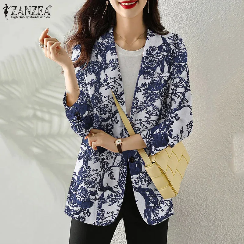 Women Autumn Blazer Retro Printed Coats Casual Long Sleeve Floral Outerwear ZANZEA Female Single Button Lapel Jackets Oversize