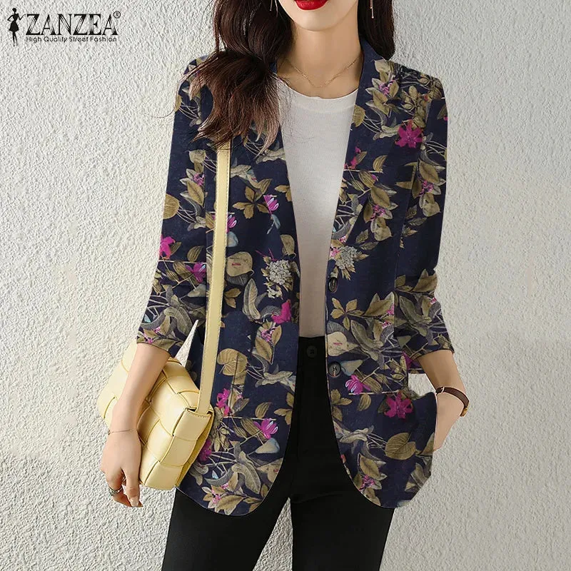 Women Autumn Blazer Retro Printed Coats Casual Long Sleeve Floral Outerwear ZANZEA Female Single Button Lapel Jackets Oversize