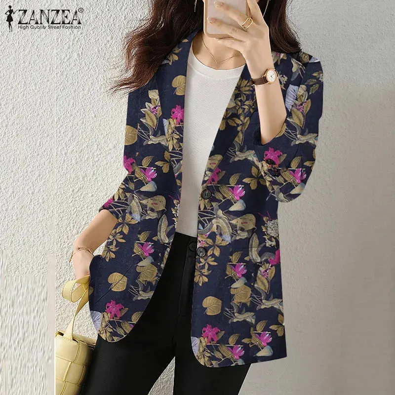 Women Autumn Blazer Retro Printed Coats Casual Long Sleeve Floral Outerwear ZANZEA Female Single Button Lapel Jackets Oversize