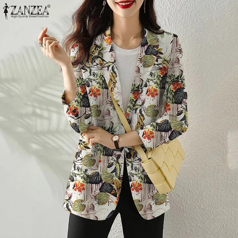 Women Autumn Blazer Retro Printed Coats Casual Long Sleeve Floral Outerwear ZANZEA Female Single Button Lapel Jackets Oversize
