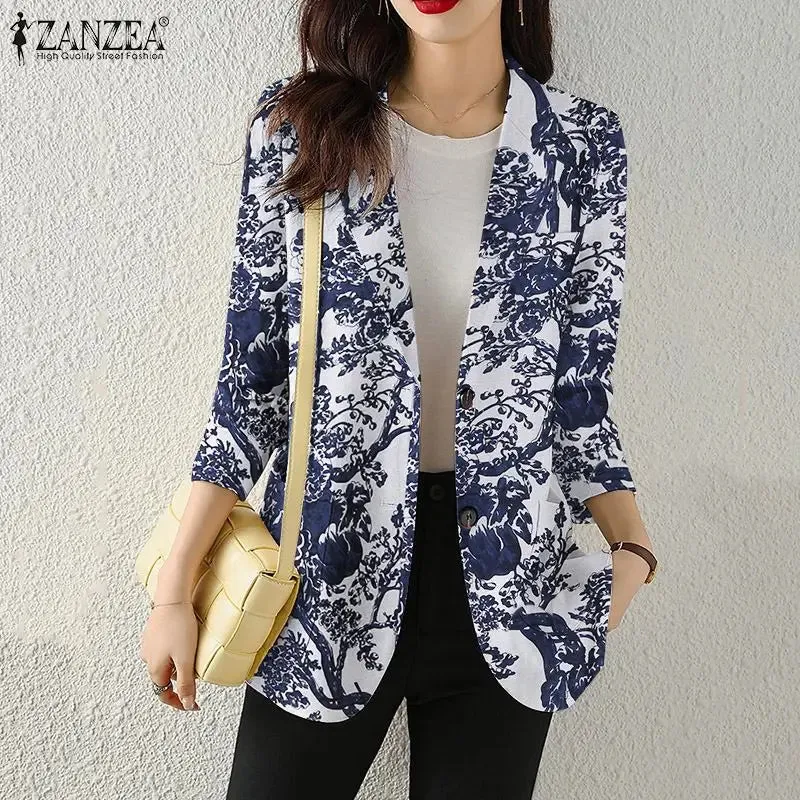Women Autumn Blazer Retro Printed Coats Casual Long Sleeve Floral Outerwear ZANZEA Female Single Button Lapel Jackets Oversize