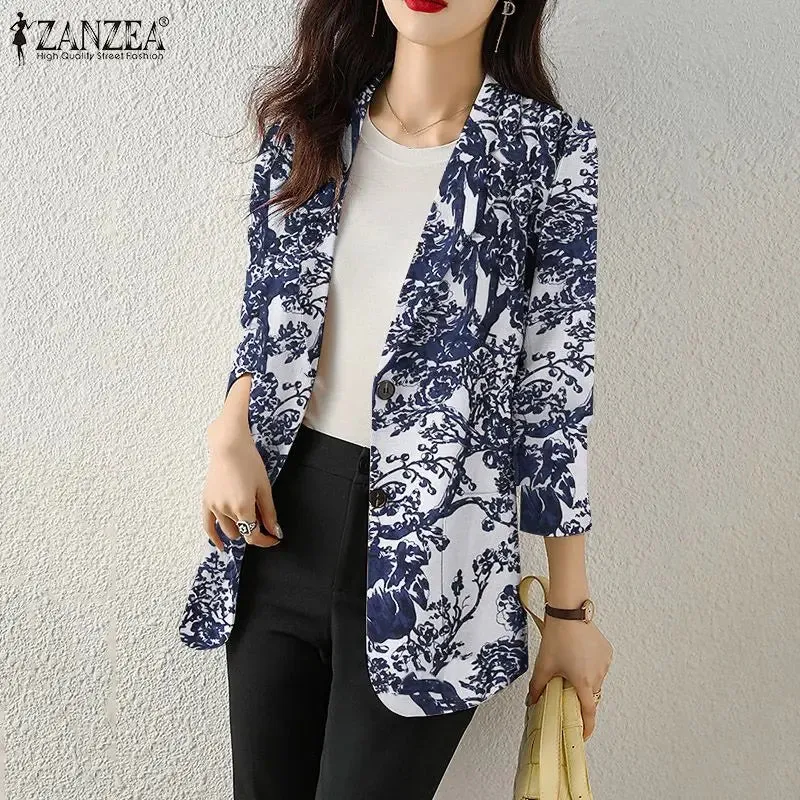 Women Autumn Blazer Retro Printed Coats Casual Long Sleeve Floral Outerwear ZANZEA Female Single Button Lapel Jackets Oversize