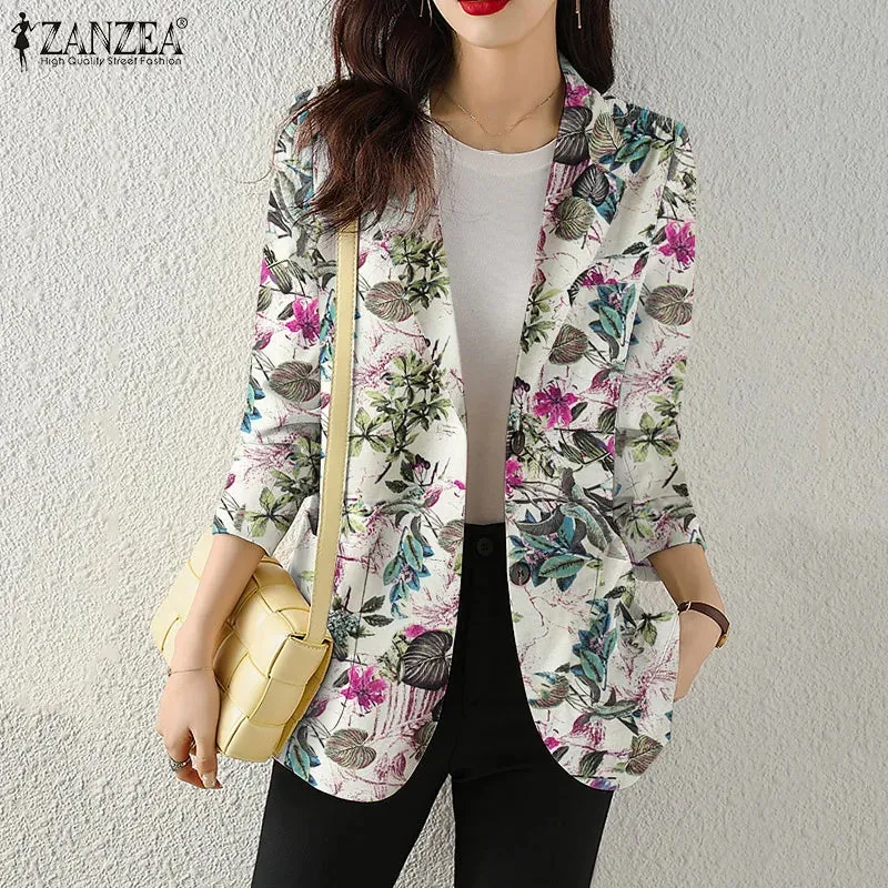 Women Autumn Blazer Retro Printed Coats Casual Long Sleeve Floral Outerwear ZANZEA Female Single Button Lapel Jackets Oversize
