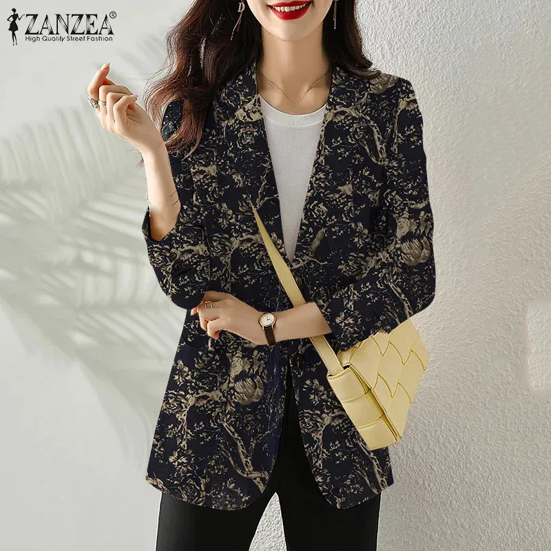 Women Autumn Blazer Retro Printed Coats Casual Long Sleeve Floral Outerwear ZANZEA Female Single Button Lapel Jackets Oversize