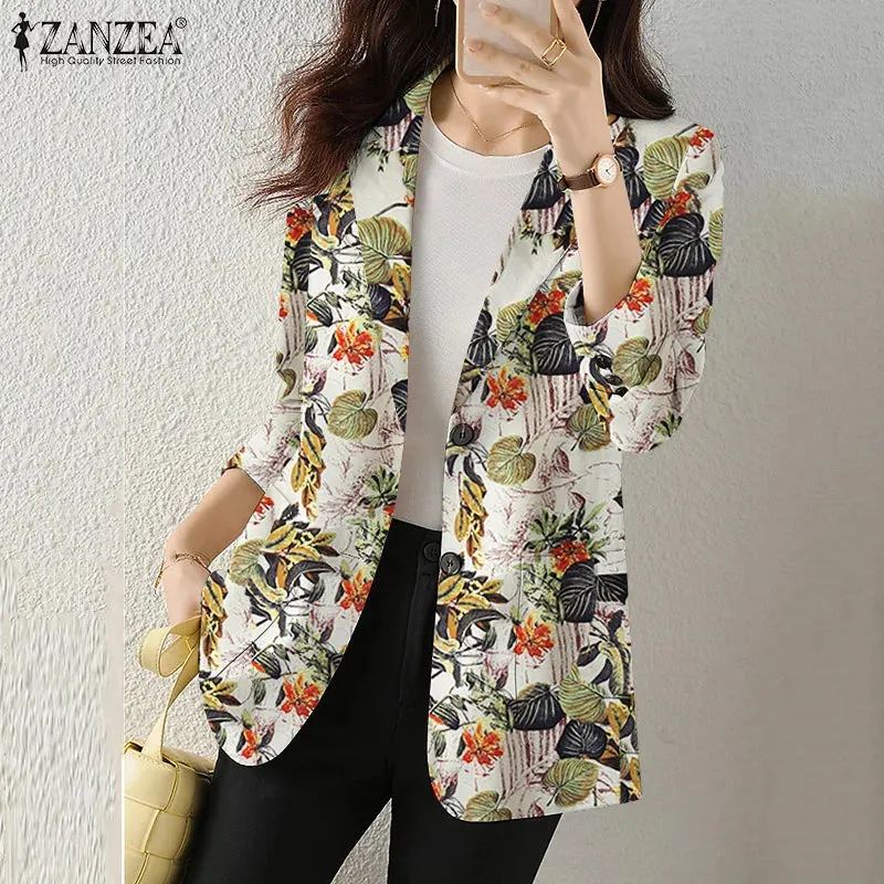 Women Autumn Blazer Retro Printed Coats Casual Long Sleeve Floral Outerwear ZANZEA Female Single Button Lapel Jackets Oversize