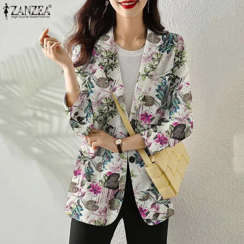 Women Autumn Blazer Retro Printed Coats Casual Long Sleeve Floral Outerwear ZANZEA Female Single Button Lapel Jackets Oversize