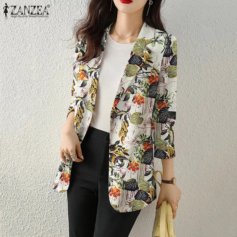 Women Autumn Blazer Retro Printed Coats Casual Long Sleeve Floral Outerwear ZANZEA Female Single Button Lapel Jackets Oversize