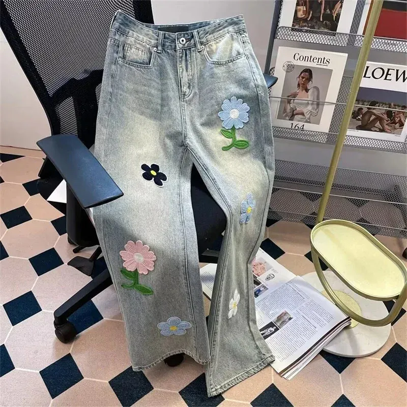 Y2K Flower Embroidered Denim Jeans