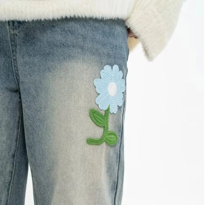 Y2K Flower Embroidered Denim Jeans