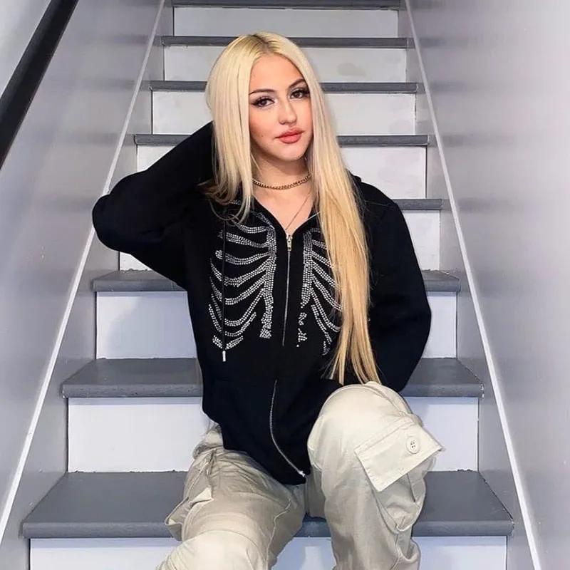 Y2K Rhinestone Skeleton Oversized Sweatshirt