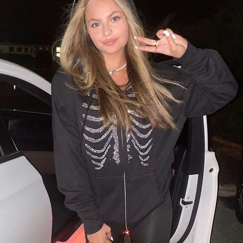 Y2K Rhinestone Skeleton Oversized Sweatshirt